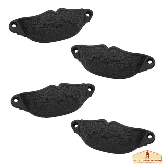 Rustic Cast Iron Set of 4 Drawer Pulls Cabinet Cup Pulls: Ideal for Victorian, Colonial, Retro, Steampunk, Gothic, Baroque, and Medieval Settings, (10.5x3.5) cm