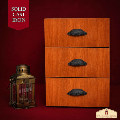 Rustic Cast Iron Set of 4 Drawer Pulls Cabinet Cup Pulls: Ideal for Victorian, Colonial, Retro, Steampunk, Gothic, Baroque, and Medieval Settings, (10.5x3.5) cm