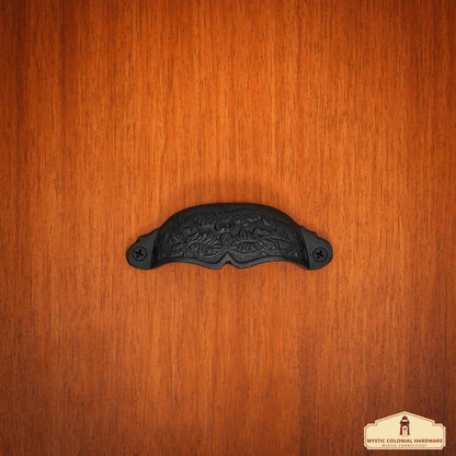 Rustic Cast Iron Set of 4 Drawer Pulls Cabinet Cup Pulls: Ideal for Victorian, Colonial, Retro, Steampunk, Gothic, Baroque, and Medieval Settings, (10.5x3.5) cm