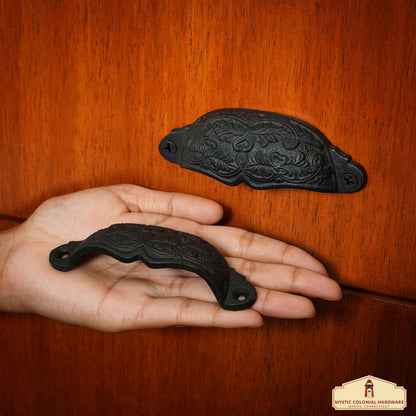 Rustic Cast Iron Set of 4 Drawer Pulls Cabinet Cup Pulls: Ideal for Victorian, Colonial, Retro, Steampunk, Gothic, Baroque, and Medieval Settings, (10.5x3.5) cm