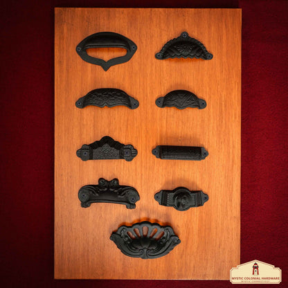 Rustic Cast Iron Set of 4 Drawer Pulls Cabinet Cup Pulls: Ideal for Victorian, Colonial, Retro, Steampunk, Gothic, Baroque, and Medieval Settings, (10.5x3.5) cm