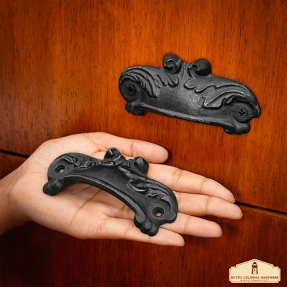 Rustic Cast Iron Set of 4 Drawer Pulls Cabinet Cup Pulls: Ideal for Victorian, Colonial, Retro, Steampunk, Gothic, Baroque, and Medieval Settings, (10.3x5) cm