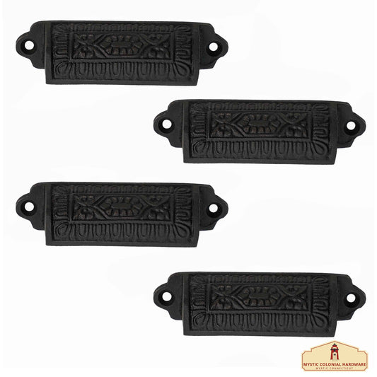 Rustic Cast Iron Set of 4 Drawer Pulls Cabinet Cup Pulls: Ideal for Victorian, Colonial, Retro, Steampunk, Gothic, Baroque, and Medieval Settings, (9.3x2.2) cm