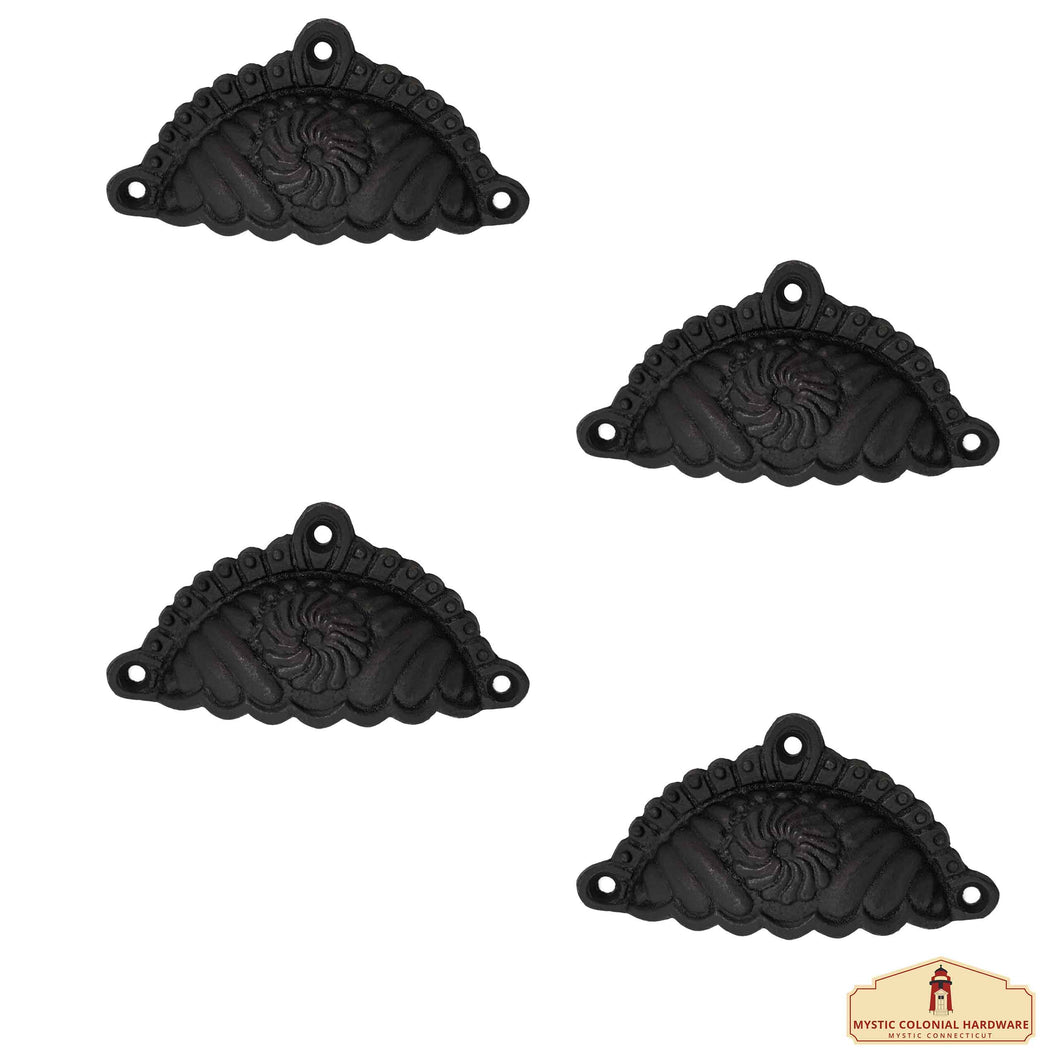 Rustic Cast Iron Set of 4 Drawer Pulls Cabinet Cup Pulls: Ideal for Victorian, Colonial, Retro, Steampunk, Gothic, Baroque, and Medieval Settings, (9.6x5.4) cm