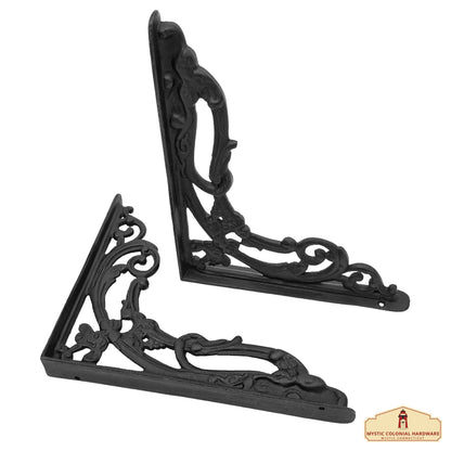 9" X 7.5" Shelf Brackets Pair - Set of 2 Pcs in Black Solid Forged Iron Victorian, Colonial, Retro, Steampunck, Gothic, Baroque Medieval