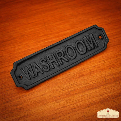 Rustic Cast Iron Washroom Sign Plate: Ideal for Victorian, Colonial, Retro, Steampunk, Gothic, and Baroque Settings, (15x4) cm