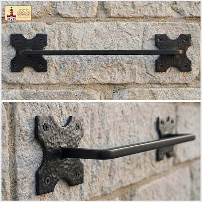 Mystic Colonial Hardware Iron Towel Bar – Hand-Forged Colonial Style Rack with Decorative Mounting Plates