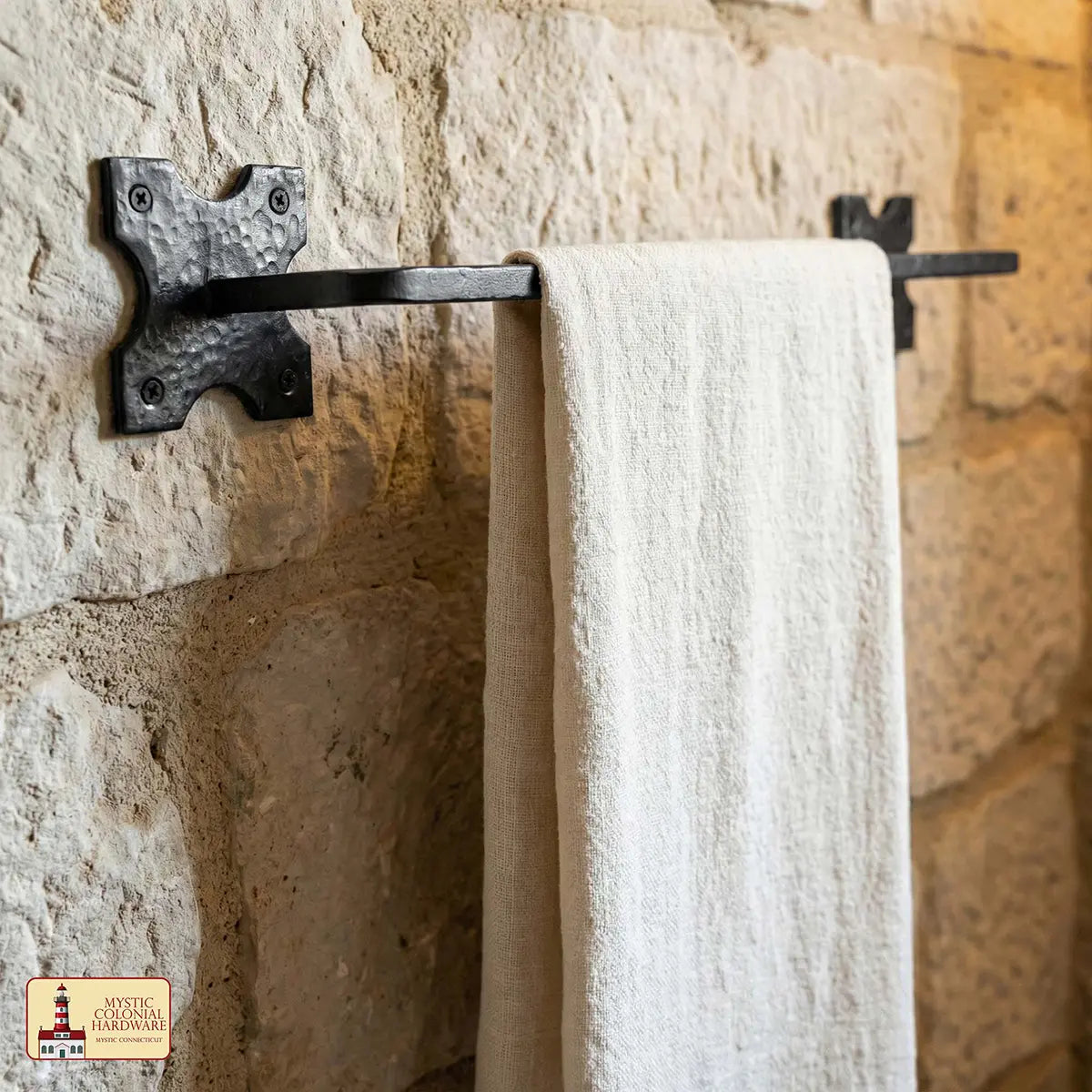 Mystic Colonial Hardware Iron Towel Bar – Hand-Forged Colonial Style Rack with Decorative Mounting Plates