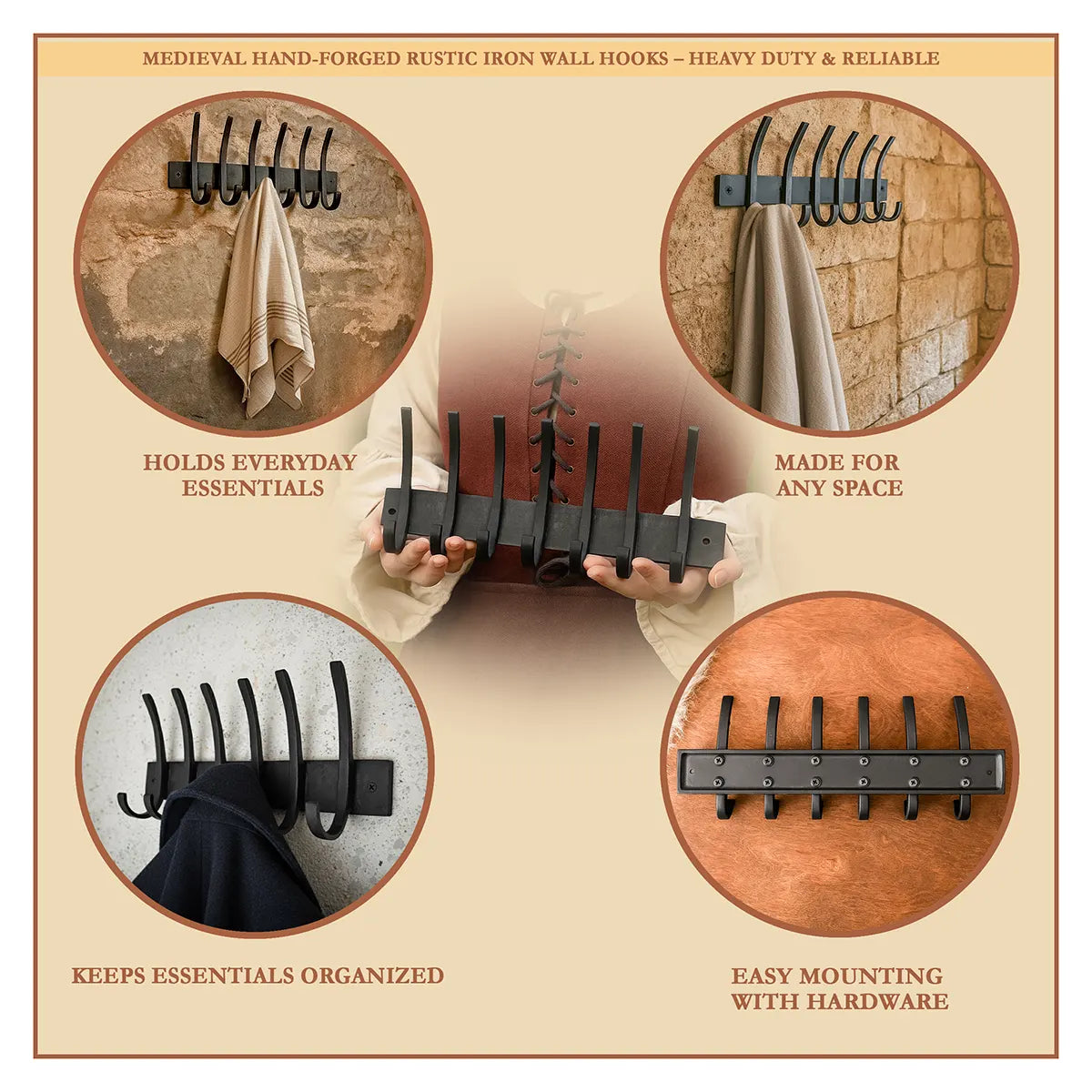 Hand Forged Iron Coat Rack with Hooks