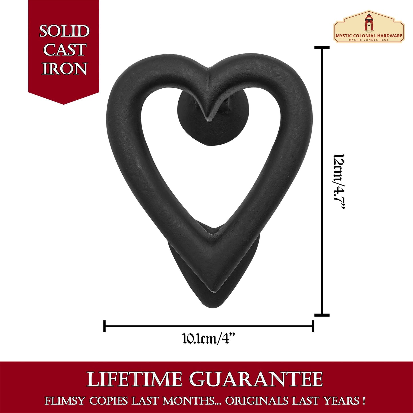 Black Heart Door Knocker for Front Door 4.5 X 4 Inch Solid Forged Iron Victorian Colonial Black