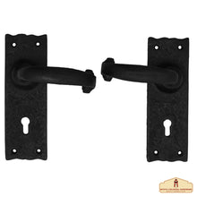 Load image into Gallery viewer, Hardware Large Iron Complete Entry Set with Portofino Lever Door Set with Scalloped Backplate : Size : 6&quot; X 2&quot;
