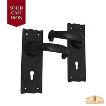 Load image into Gallery viewer, Hardware Large Iron Complete Entry Set with Portofino Lever Door Set with Scalloped Backplate : Size : 6&quot; X 2&quot;
