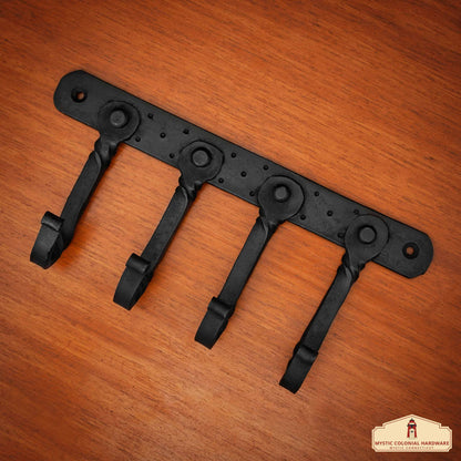 Rustic Hand Forged Iron Wall Hook with Four Hangers: Ideal for Victorian, Colonial, Retro, Steampunk, Gothic, and Baroque Settings (22.8x11cm)