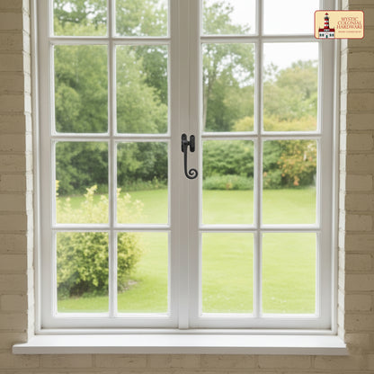 Rustic Cast Iron Curly Reversible Casement Window Door Latch: Ideal for Victorian, Colonial, Retro, Steampunk, Gothic, Baroque, and Medieval Settings, (12.2x6) cm