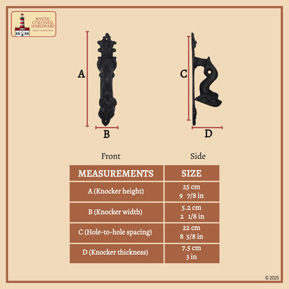 Black Powder Coated Embellished Front Door Artisan Made Antique Knocker