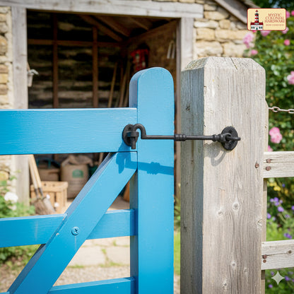 Black Wrought Iron Cabin Hook Eye 7.5" Long Large Decorative Privacy Hook Latches for Cabinet Window Kitchen Sliding Or Barn Doors : Pack of 2