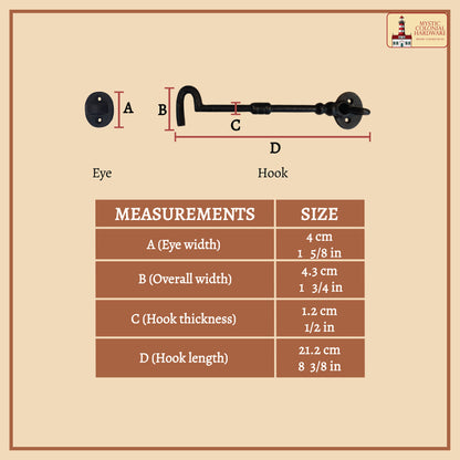 Black Wrought Iron Cabin Hook Eye 7.5" Long Large Decorative Privacy Hook Latches for Cabinet Window Kitchen Sliding Or Barn Doors : Pack of 2