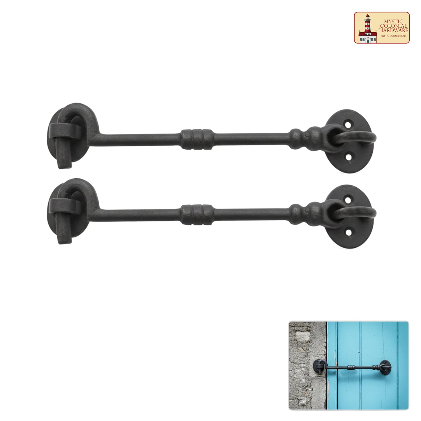 Black Wrought Iron Cabin Hook Eye 7.5" Long Large Decorative Privacy Hook Latches for Cabinet Window Kitchen Sliding Or Barn Doors : Pack of 2