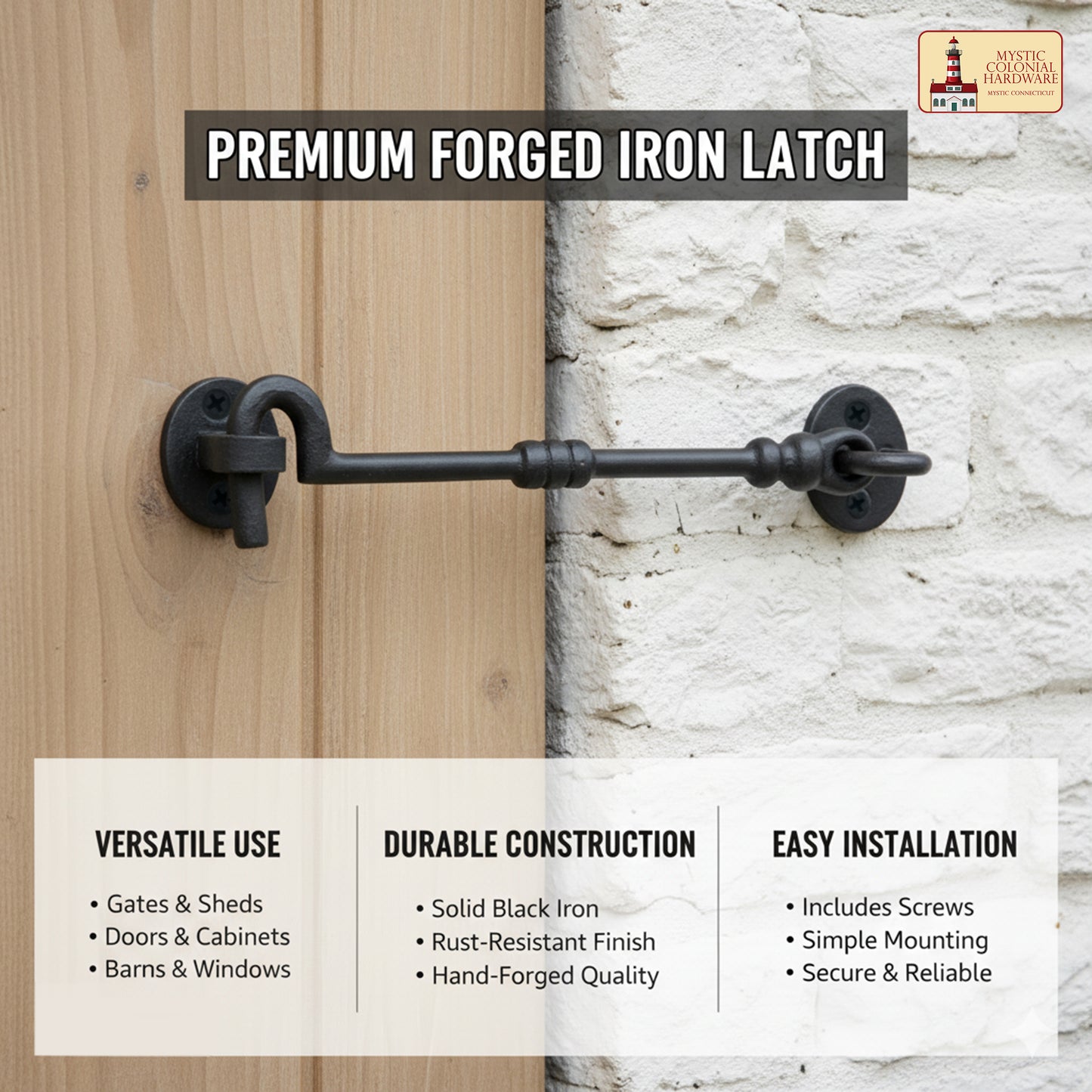 Black Wrought Iron Cabin Hook Eye 7.5" Long Large Decorative Privacy Hook Latches for Cabinet Window Kitchen Sliding Or Barn Doors : Pack of 2