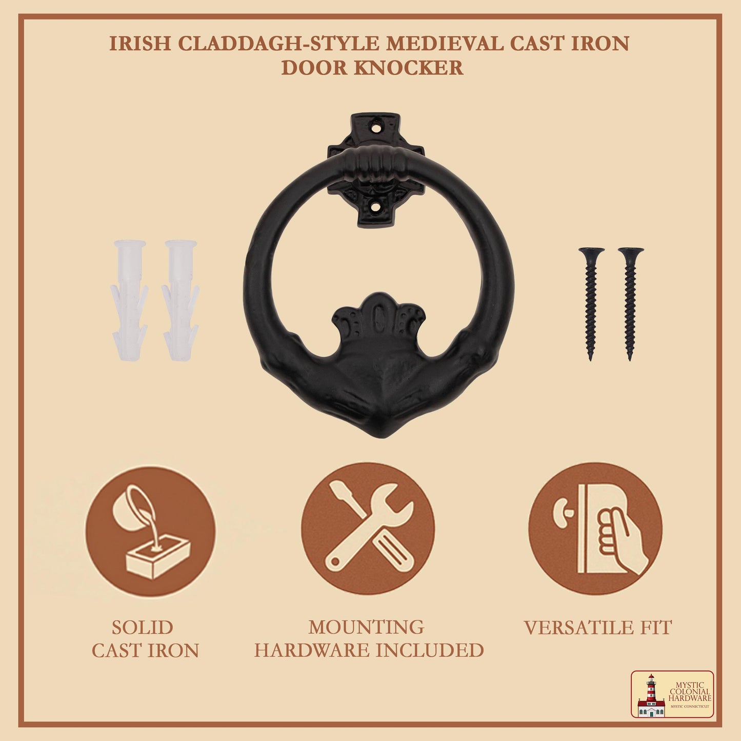 Claddagh Door Knocker Solid Forged Iron Victorian, Colonial, Retro, Steampunk, Gothic, Baroque Medieval