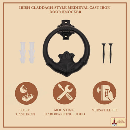 Claddagh Door Knocker Solid Forged Iron Victorian, Colonial, Retro, Steampunk, Gothic, Baroque Medieval