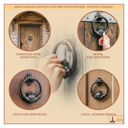 Claddagh Door Knocker Solid Forged Iron Victorian, Colonial, Retro, Steampunk, Gothic, Baroque Medieval