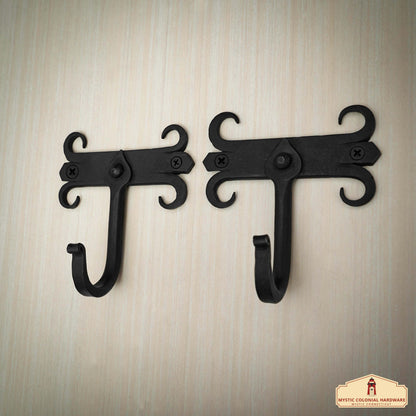 Rustic Hand Forged Iron Wall Hooks Set of 2: Ideal for Victorian, Colonial, Retro, Steampunk, Gothic, and Baroque Settings (11x12) cm