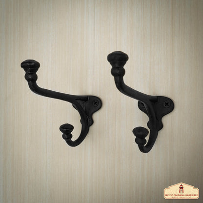 Rustic Forged  Iron Wall Hooks, Heavy Duty Retro Utility Hooks for Hanging Coat, Bag, Towel, Robe, Hat and More, Pack of 2, Black