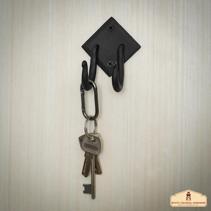 Rustic Hand Forged Iron Wall Hook with Two Hangers: Ideal for Victorian, Colonial, Retro, Steampunk, Gothic, and Baroque Settings 8.8 cm