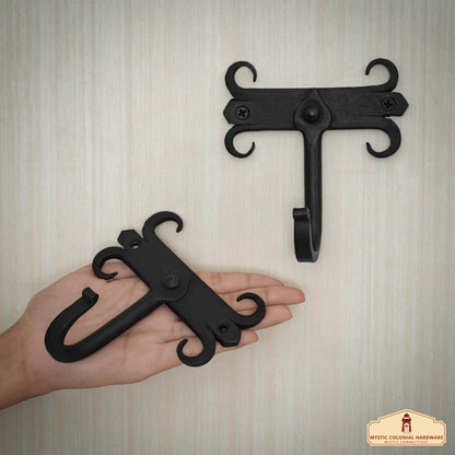 Rustic Hand Forged Iron Wall Hooks Set of 2: Ideal for Victorian, Colonial, Retro, Steampunk, Gothic, and Baroque Settings (11x12) cm