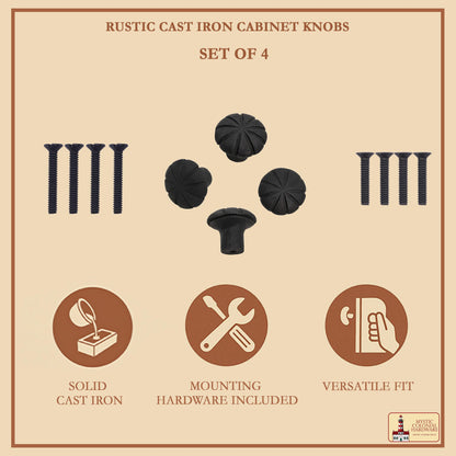 Hand Forged Iron Cabinet Knob Pull Antique Rustic Knobs for Kitchen Cabinet Drawer Pull Handles with Hardware: Pack of 4