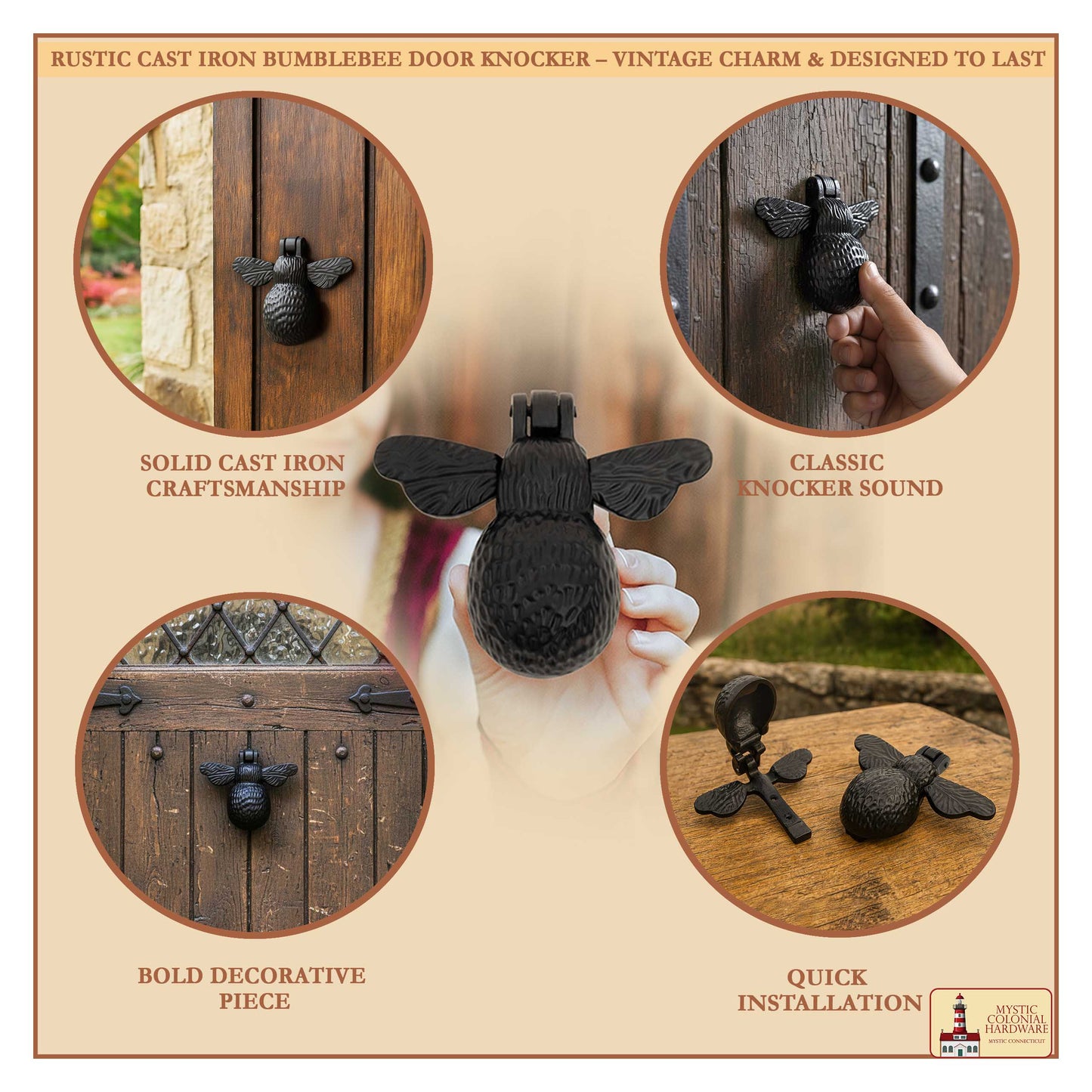Rustic Cast Iron Bumblebee Door Knocker: Ideal for Victorian, Colonial, Retro, Steampunk, Gothic, Baroque, and Medieval Settings, (10.3×12.2) cm