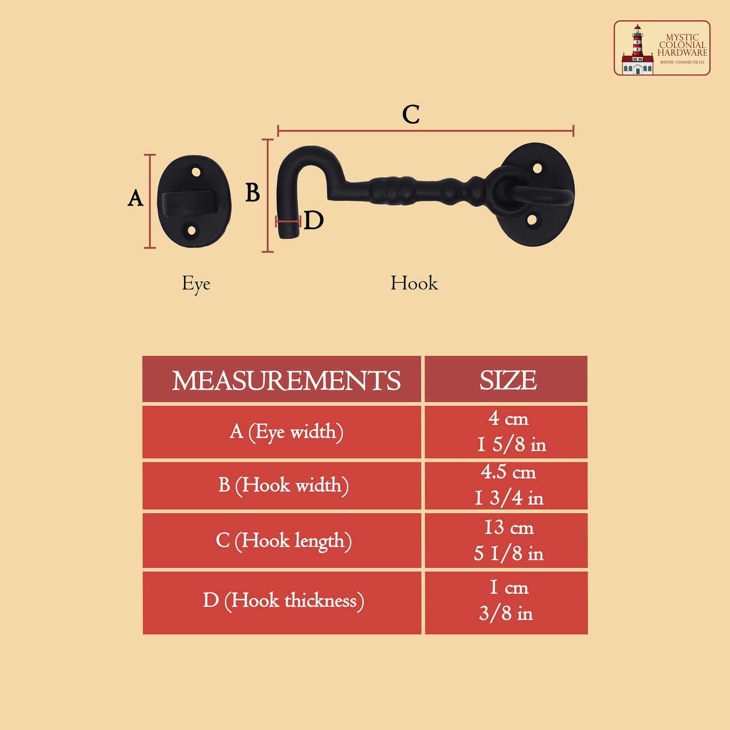 Black Wrought Iron Cabin Hook Eye 5.5" Long Large Decorative Privacy Hook Latches for Cabinet Window Kitchen Sliding Or Barn Doors : Pack of 2