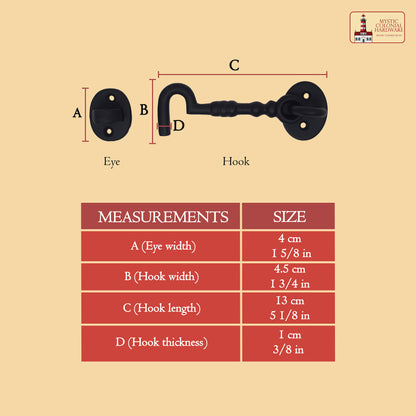 Black Wrought Iron Cabin Hook Eye 5.5" Long Large Decorative Privacy Hook Latches for Cabinet Window Kitchen Sliding Or Barn Doors : Pack of 2