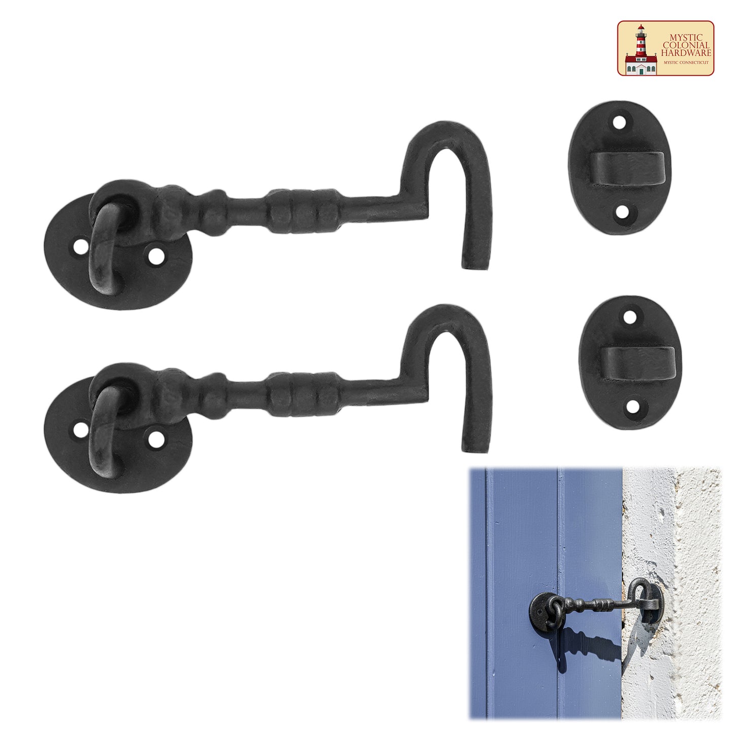 Black Wrought Iron Cabin Hook Eye 5.5" Long Large Decorative Privacy Hook Latches for Cabinet Window Kitchen Sliding Or Barn Doors : Pack of 2