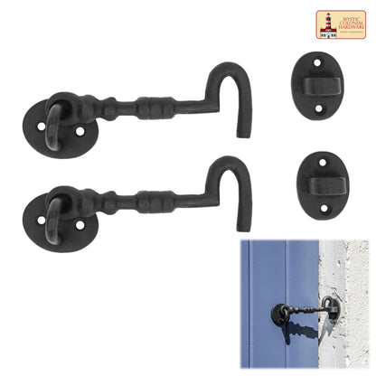 Black Wrought Iron Cabin Hook Eye 5.5" Long Large Decorative Privacy Hook Latches for Cabinet Window Kitchen Sliding Or Barn Doors : Pack of 2