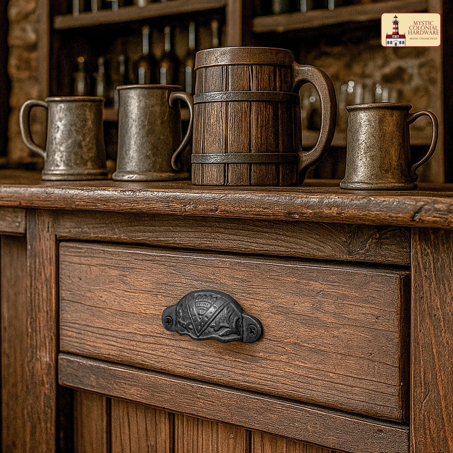 Rustic Cast Iron Set of 4 Drawer Pulls Cabinet Cup Pulls: Ideal for Victorian, Colonial, Retro, Steampunk, Gothic, Baroque, and Medieval Settings, (8.4x3.5) cm