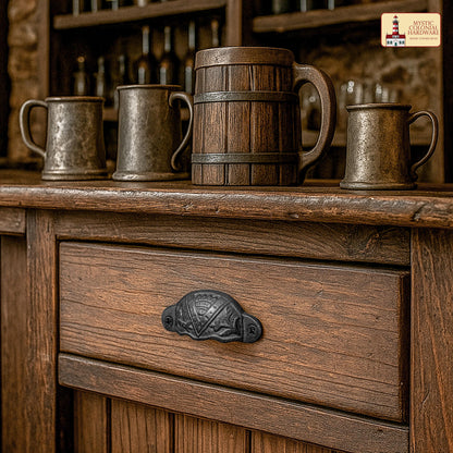 Rustic Cast Iron Set of 4 Drawer Pulls Cabinet Cup Pulls: Ideal for Victorian, Colonial, Retro, Steampunk, Gothic, Baroque, and Medieval Settings, (8.4x3.5) cm