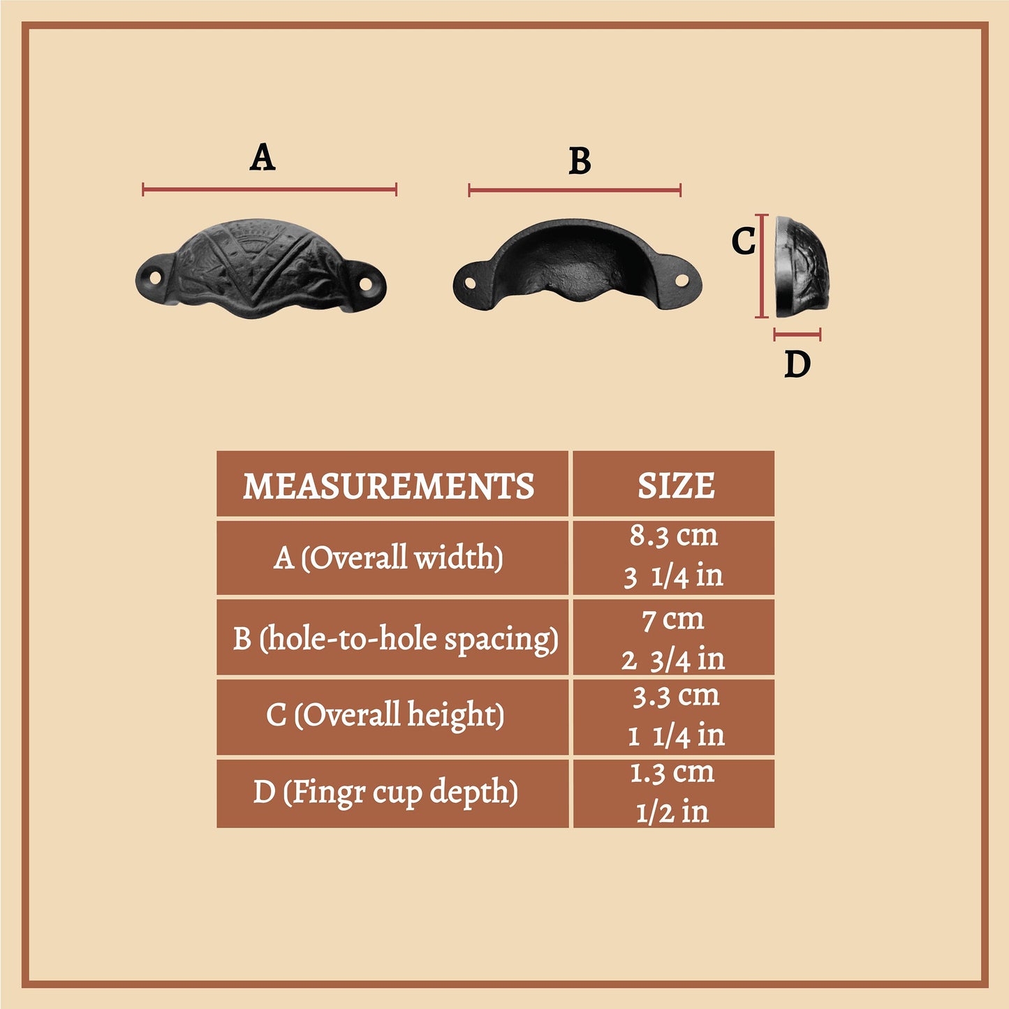 Rustic Cast Iron Set of 4 Drawer Pulls Cabinet Cup Pulls: Ideal for Victorian, Colonial, Retro, Steampunk, Gothic, Baroque, and Medieval Settings, (8.4x3.5) cm