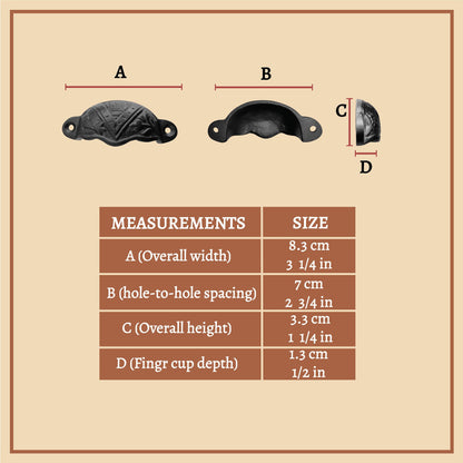 Rustic Cast Iron Set of 4 Drawer Pulls Cabinet Cup Pulls: Ideal for Victorian, Colonial, Retro, Steampunk, Gothic, Baroque, and Medieval Settings, (8.4x3.5) cm