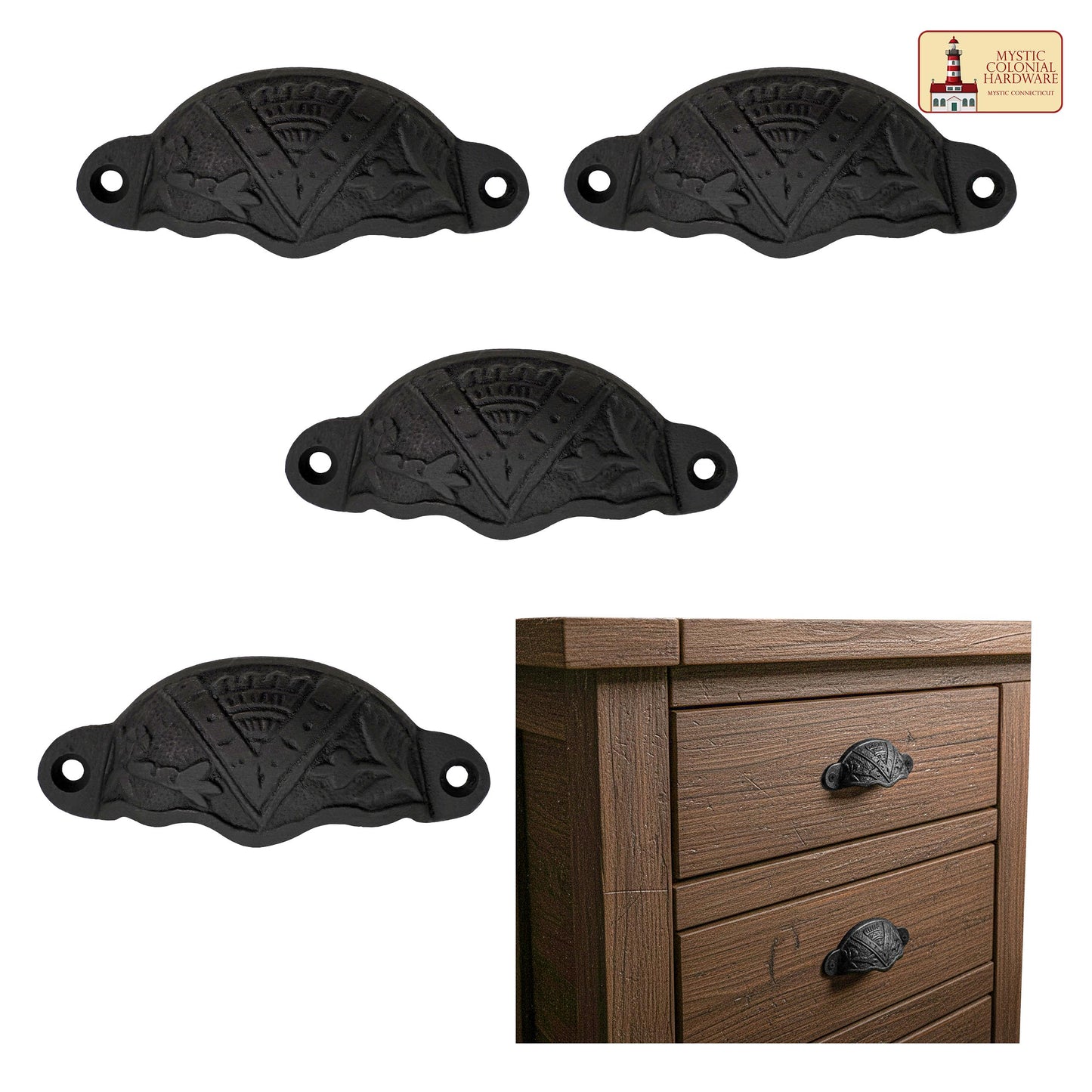 Rustic Cast Iron Set of 4 Drawer Pulls Cabinet Cup Pulls: Ideal for Victorian, Colonial, Retro, Steampunk, Gothic, Baroque, and Medieval Settings, (8.4x3.5) cm