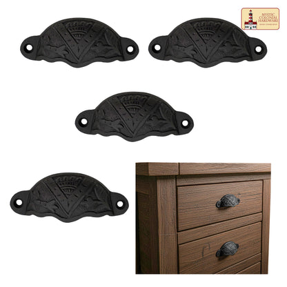 Rustic Cast Iron Set of 4 Drawer Pulls Cabinet Cup Pulls: Ideal for Victorian, Colonial, Retro, Steampunk, Gothic, Baroque, and Medieval Settings, (8.4x3.5) cm