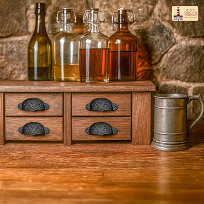 Rustic Cast Iron Set of 4 Drawer Pulls Cabinet Cup Pulls: Ideal for Victorian, Colonial, Retro, Steampunk, Gothic, Baroque, and Medieval Settings, (8.4x3.5) cm