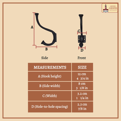 Rustic Cast Iron Wall Hooks Set of 2: Ideal for Victorian, Colonial, Retro, Steampunk, Gothic, and Baroque Settings 13 cm