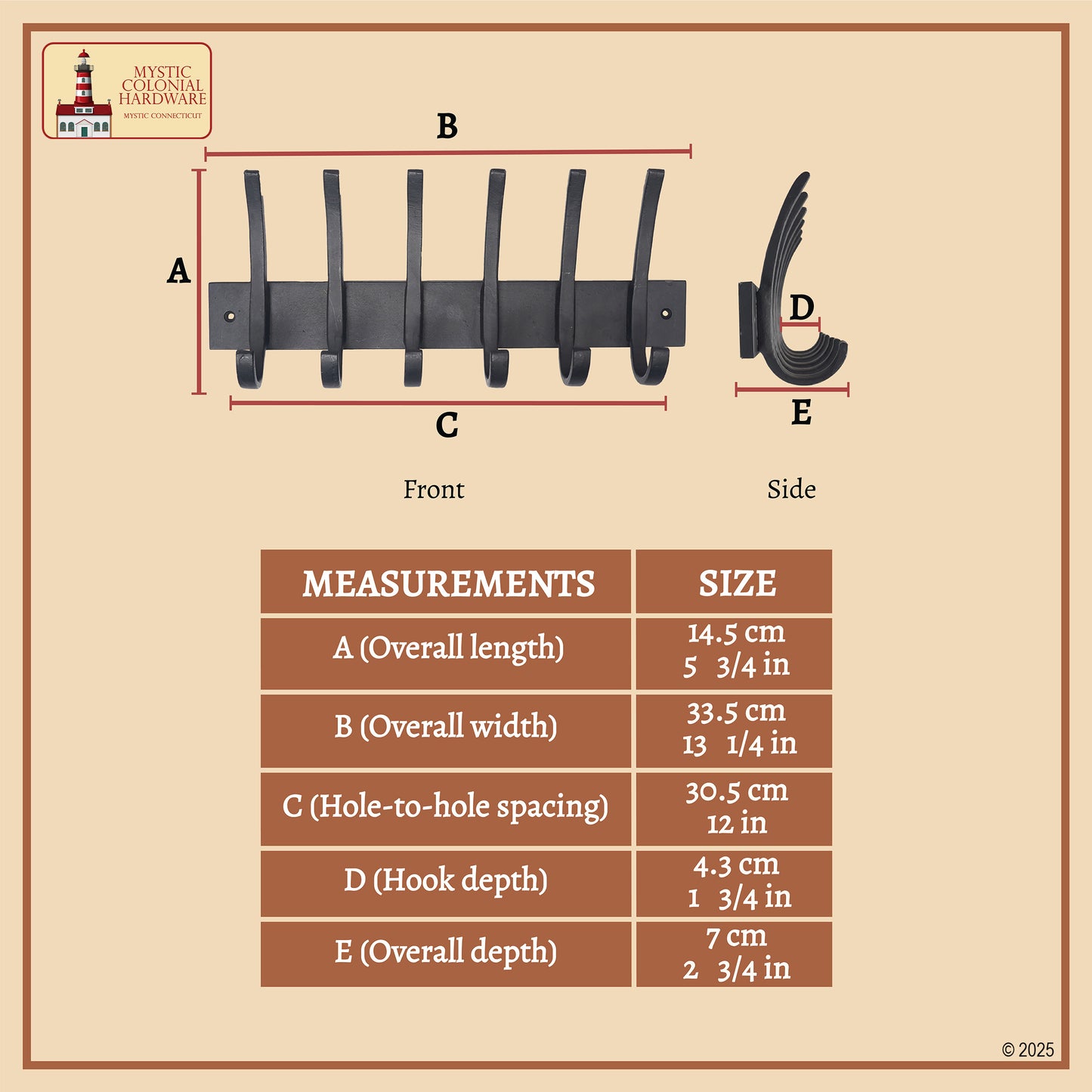 Rustic Hand Forged Iron Wall Hooks Set of 6: Ideal for Victorian, Colonial, Retro, Steampunk, Gothic, and Baroque Settings (32.5x14.4) cm