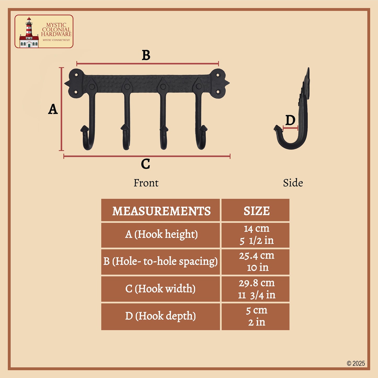 Rustic Hand Forged Iron Wall Hook with Four Hangers: Ideal for Victorian, Colonial, Retro, Steampunk, Gothic, and Baroque Settings (29.2x13.3) cm