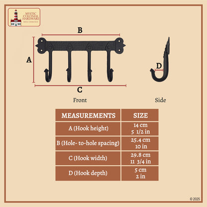 Rustic Hand Forged Iron Wall Hook with Four Hangers: Ideal for Victorian, Colonial, Retro, Steampunk, Gothic, and Baroque Settings (29.2x13.3) cm