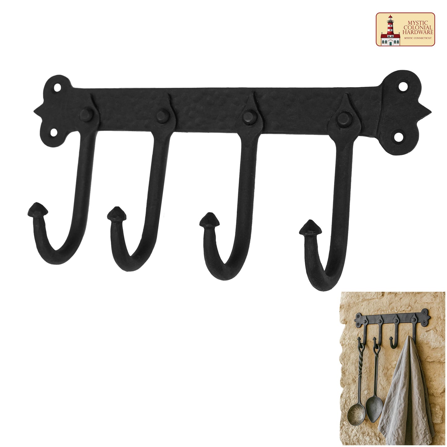 Rustic Hand Forged Iron Wall Hook with Four Hangers: Ideal for Victorian, Colonial, Retro, Steampunk, Gothic, and Baroque Settings (29.2x13.3) cm