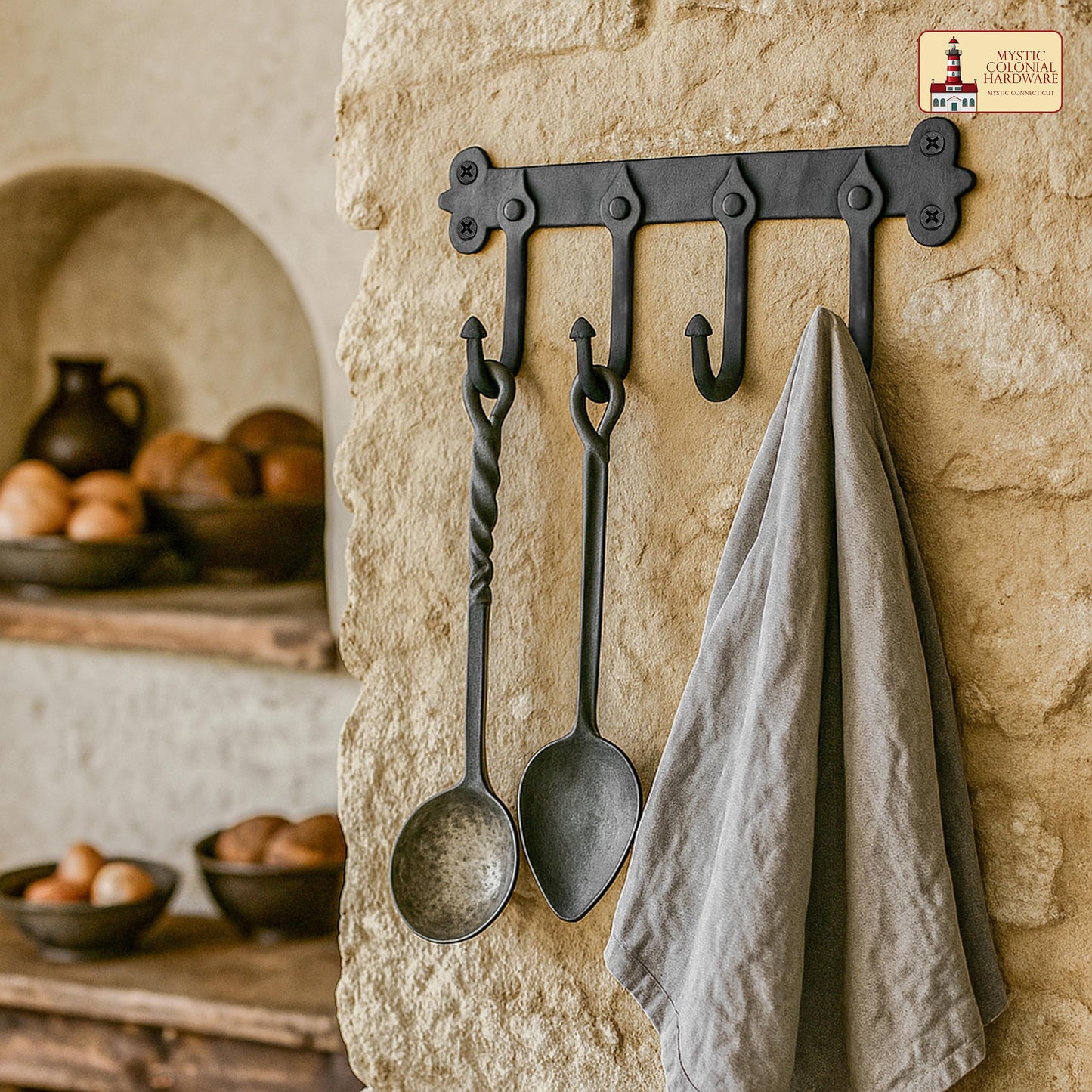 Rustic Hand Forged Iron Wall Hook with Four Hangers: Ideal for Victorian, Colonial, Retro, Steampunk, Gothic, and Baroque Settings (29.2x13.3) cm