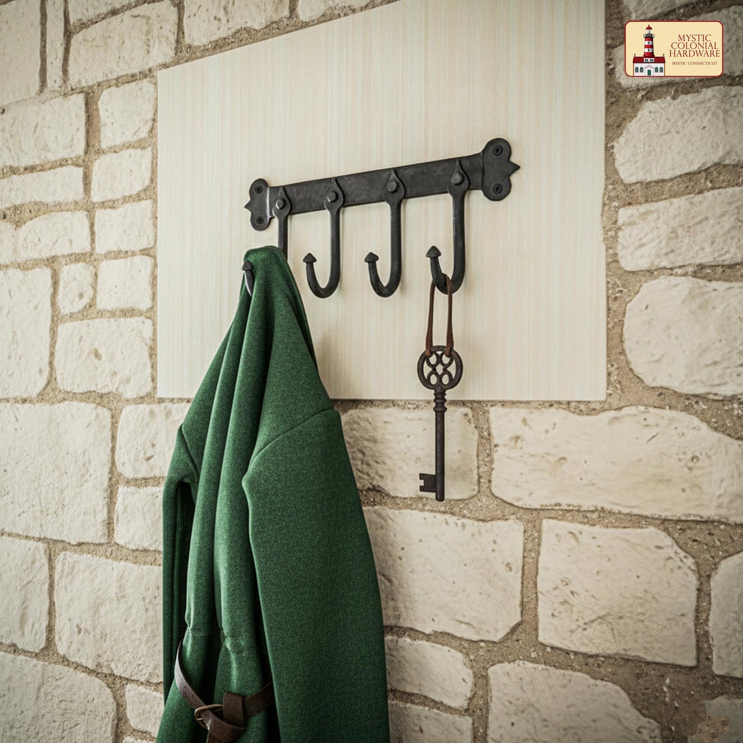 Rustic Hand Forged Iron Wall Hook with Four Hangers: Ideal for Victorian, Colonial, Retro, Steampunk, Gothic, and Baroque Settings (29.2x13.3) cm